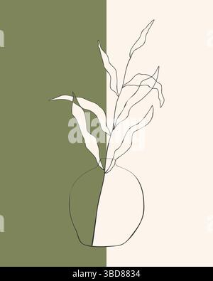 Wall decor vase with branch with leaves, dualism, boho style, two halves, green and beige cream colors. Minimalism linear art. Interior design. Vector Stock Vector