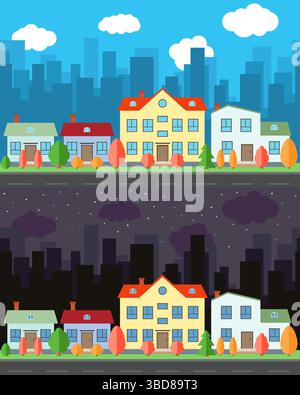 Vector city with four cartoon houses and buildings in the day and night.Summer urban landscape. Street view with cityscape on a background Stock Vector