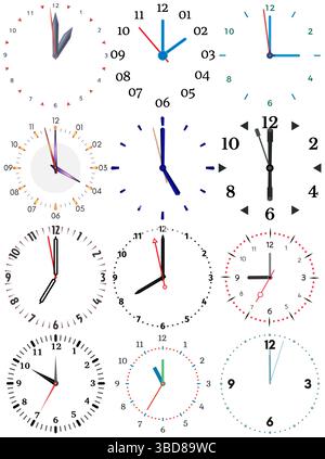 A set of different mechanical clocks with an image of each of the twelve hours. Clock face on white background. Stock Vector