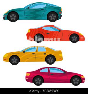 A set of four cars painted in different colors. Vector illustration Stock Vector