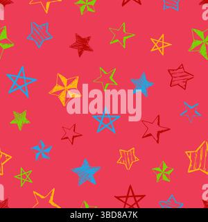 Seamless background of doodle stars. Colorful hand drawn stars on red background. Vector illustration Stock Vector