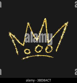 Gold glitter hand drawn crown. Simple graffiti sketch queen or king crown. Royal imperial coronation and monarch symbol isolated on dark background. V Stock Vector