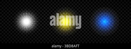 Light effect of lens flares. Set of three white, yellow and blue glowing lights starburst effects with sparkles on a transparent background. Vector il Stock Vector