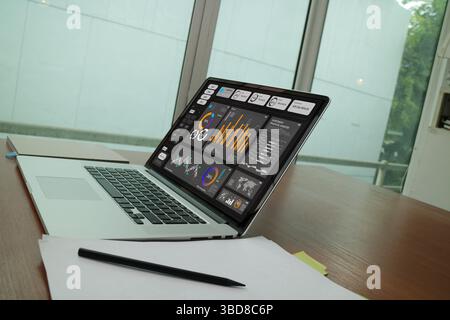 A modern workspace featuring a laptop displaying a financial analytics dashboard with colorful charts and graphs. Stock Photo