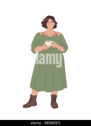 Curvy woman standing and holding a cup of tea Stock Vector