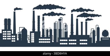 Industrial factories silhouette background. Oil refinery complex with pipes and tanks gas production rigs. Seamless horizontal pattern Stock Vector