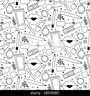 Beauty make up Seamless pattern. Vector graphic line illustration. Black and white cosmetic makeup art. Brush, nail polish, foundation, perfume, eye s Stock Vector