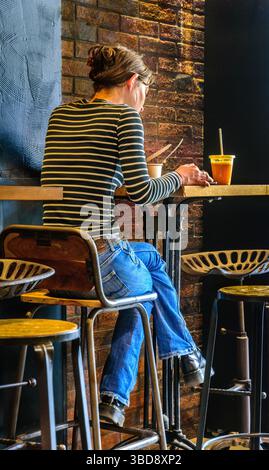 Rear view of slim young woman sat on high stool in cafe-restaurant with fresh juice drink - Tours, Indre-et-Loire (37), France. Stock Photo