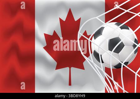 Editable 3D Canada flag with football and net. Perfect for sports posts, match day promos, World Cup graphics. Ideal for banners and ads. Stock Vector
