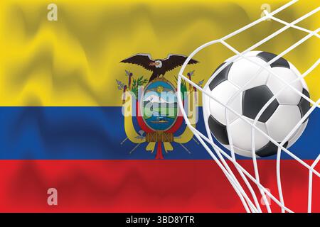 Editable 3D Ecuador flag with football and net. Perfect for sports posts, match day promos, World Cup graphics. Ideal for banners and ads. Stock Vector