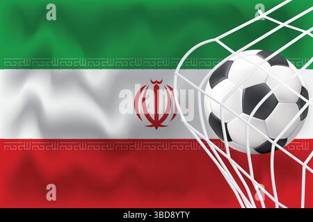 Editable 3D Iran flag with football and net. Perfect for sports posts, match day promos, World Cup graphics. Ideal for banners and ads. Stock Vector