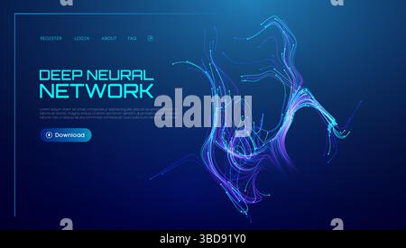 Neural network background with AI data in abstract wave lines. Tech blue science with artificial flow and digital light vector. Future graphic Stock Vector