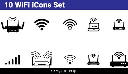 10 WiFi Icons Set - Router, Signal Bars, Wireless Symbol Stock Vector