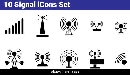 10 Signal Icons Set - Signal Bars, Antenna, Wireless Signal Stock Vector