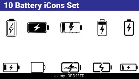 10 Battery Icons Set - Charging, Full Charge, Power Symbol Stock Vector