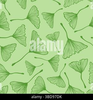 Vector vintage seamless pattern with ginkgo biloba leaf. Vector retro floral pattern with green ginkgo biloba leaves Stock Vector