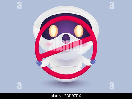 Vector illustration of a cute robot and stop sign. Vector icon of chat bot in realistic style. Stop Ai. Stock Vector