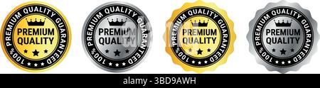 Four premium quality badges in gold, black, silver, and metallic colors with crown and stars Stock Vector