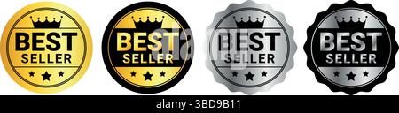 Four round best seller badges in gold, black, silver, and dark gray with stars and crown icon Stock Vector