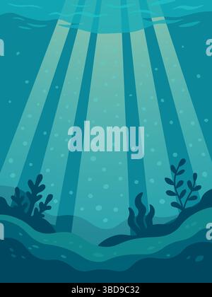 Underwater background with sun rays and sea plants. Ocean floor scenery. Submarine light beams. Stock Vector