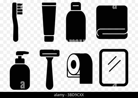 Bathroom Essentials Icon Set – Solid Black Hygiene and Grooming Vector Pack Stock Vector