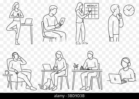 Minimalist Line Art Set of People Practicing Mindful Productivity and Remote Work – Faceless Vector Characters Stock Vector
