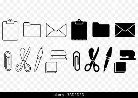 Office Stationery Icon Set – Black and Outline Office Supplies Vector Pack Stock Vector