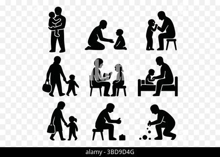 Parent and Child Silhouette Vector Set – Daily Family Moments & Caring Activities Icons Stock Vector