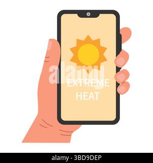 A hand holds a smartphone with a weather forecast on a mobile app. Extreme heat. A hot summer day. Tropical climate. Hand drawn, Vector illustration. Stock Vector