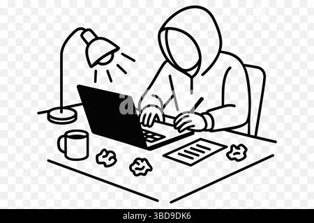 Overworking Late Night – Minimalist Line Art Workspace Illustration Stock Vector