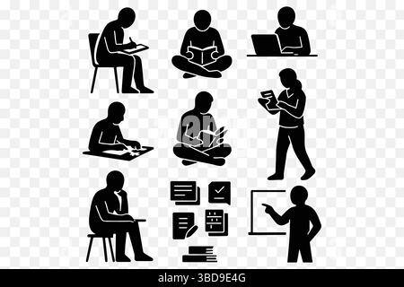 Study & Learning Silhouettes Vector Set – Students Reading, Writing, Online Classes, Brainstorming Stock Vector