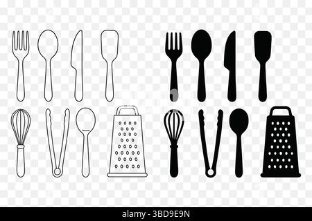 Kitchen Utensils Icon Set – Minimalist Line and Solid Cooking Tools Vector Stock Vector