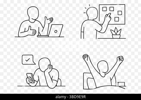 One-Line Minimalist People Icons  – Planning, Chatting, Reacting, Waking Up Stock Vector