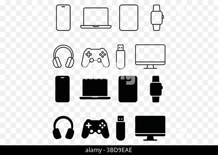 Tech Device Icons – Minimalist Line & Solid Vector Set for Gadgets and Electronics Stock Vector