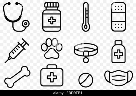 Veterinary & Pet Health Icons – Minimalist Line Art Medical Vector Set Stock Vector