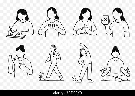 Minimalist Wellness Routine Line Art – Faceless Female Characters Practicing Mindfulness, Journaling, Yoga & Self-Care Stock Vector