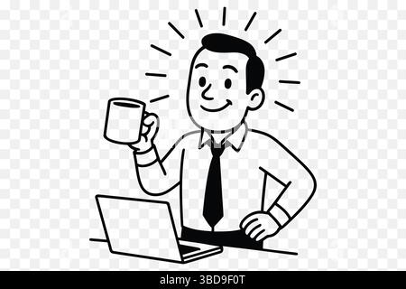 Happy Office Worker Holding Coffee Mug – Motivated Workday Cartoon Line Art Stock Vector