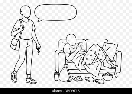 Funny Lazy vs Active Lifestyle Comic – Minimalist Line Art Characters with Speech Bubble Stock Vector