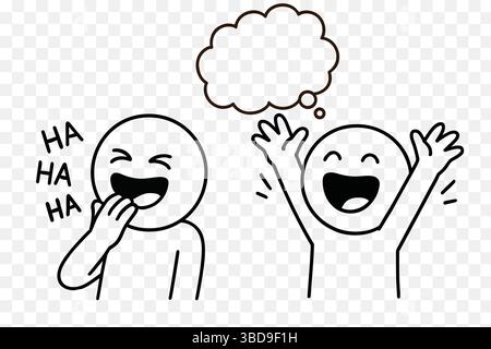 Joyful Cartoon Doodle Characters – Laughing and Cheering Comic Illustration with Thought Bubble Stock Vector