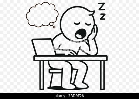 Stressed Cartoon Character Working on Laptop with Deadline Pressure – Doodle Style Line Art Stock Vector