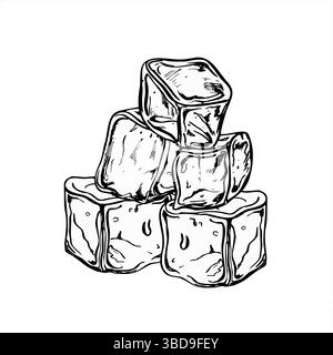 Melting ice cubes pile monochrome vector illustration painted by black inks. Crystal freezer brick graphic sketch for beverage branding, bar menus Stock Vector