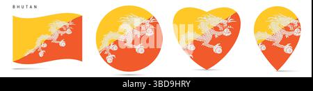 Bhutan waving flag, round circle sticker badge, heart shaped icon, map pin. Bhutanese flag buttons of different shapes. Vector illustration isolated o Stock Vector
