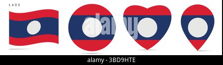 Laos waving flag, round circle sticker badge, heart shaped icon, map pin. Laotian flag buttons of different shapes. Vector illustration isolated on wh Stock Vector
