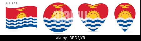 Kiribati waving flag, round circle sticker badge, heart shaped icon, map pin. Republic of Kiribati flag buttons of different shapes. Vector illustrati Stock Vector