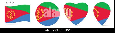 Eritrea waving flag, round circle sticker badge, heart shaped icon, map pin. Eritrean flag buttons of different shapes. Vector illustration isolated o Stock Vector