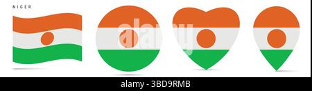 Niger waving flag, circle badge, heart shaped, map pin. Flat vector illustration isolated Stock Vector