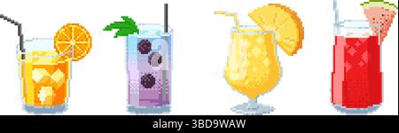 Set of summer cocktails in pixel art 8-bit style with fruits and straws including orange, blackberry, pineapple and watermelon. Retro tropical drinks Stock Vector