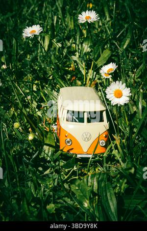 A vintage-style Volkswagen van toy features vibrant colors , placed among blooming daisies in a lush green field on a sunny day Stock Photo