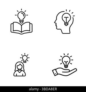 Creative learning outline icon set. Open book, human head, lightbulb and idea icons for education. Stock Vector