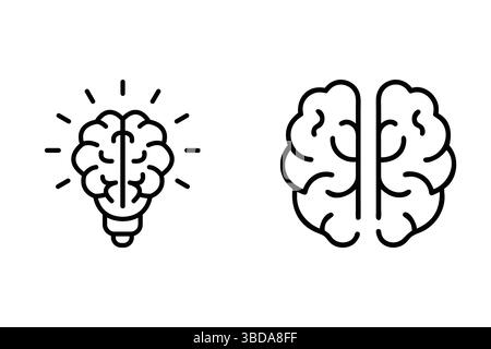 Brain intelligence outline icon set. Brain, lightbulb, cognition and thinking icons for neuroscience. Stock Vector